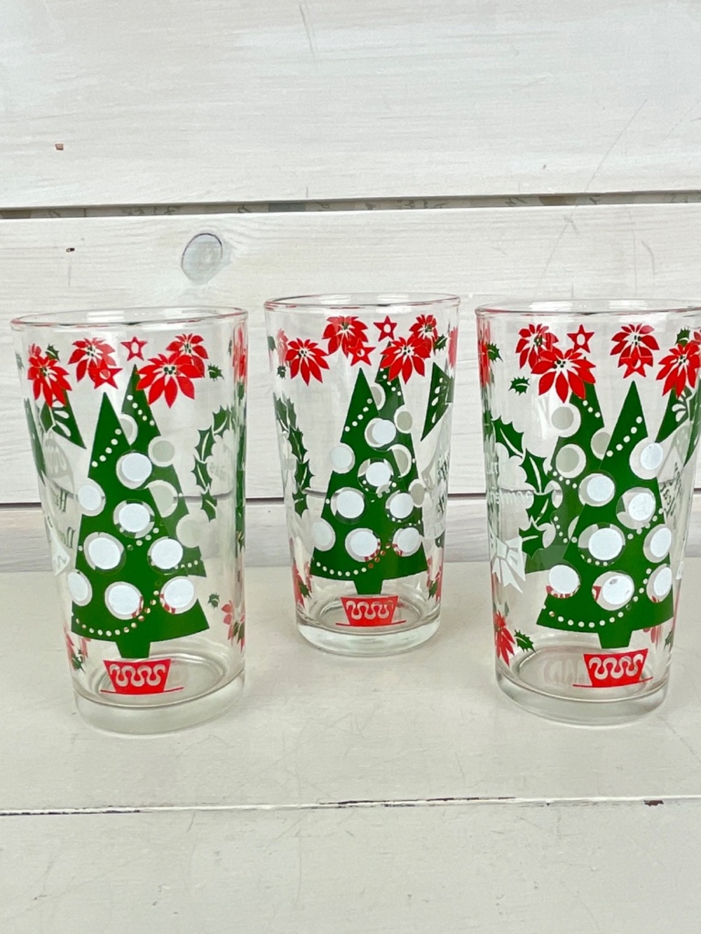 Vintage Christmas Tree Water Glasses Tumblers Happy New Year - Set of 3